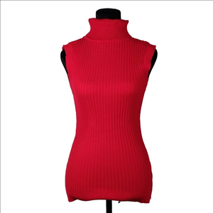 Women's Knit Ribbed Sleeveless Turtleneck In Poppy Red Size Medium